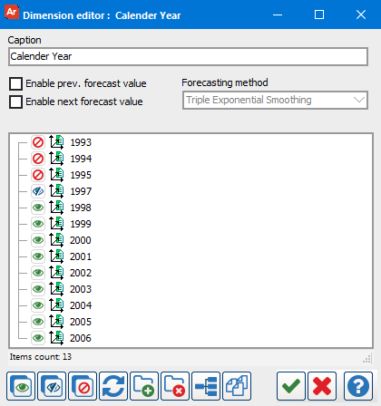 This image shows the Dimension editor dialog box. In this example, calendar years from 1993 to 2006 are listed. Numerous options exist at the bottom of the dialog for manipulating views of the dimensions.
